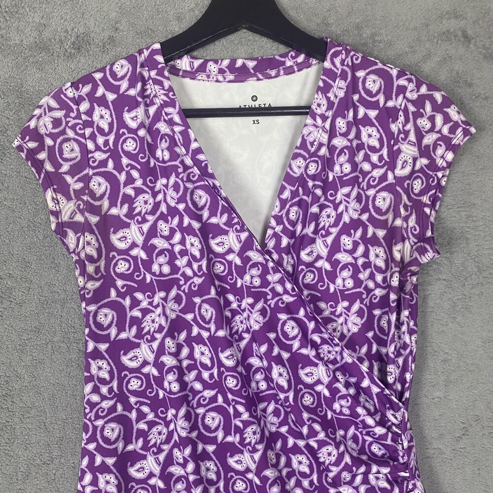 Athleta Dress Womens XS Purple Surplice V-Neck Ruched Wrap Midi Travel - Picture 2 of 12